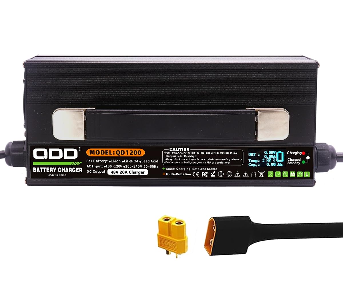 QDD Cargador de batería de plomo ácido de 48 V 20 A, seguro y duradero, con ventilador de refrigeración, adecuado para batería de plomo ácido de 48 V, cargador inteligente, salida CC, conector XT60