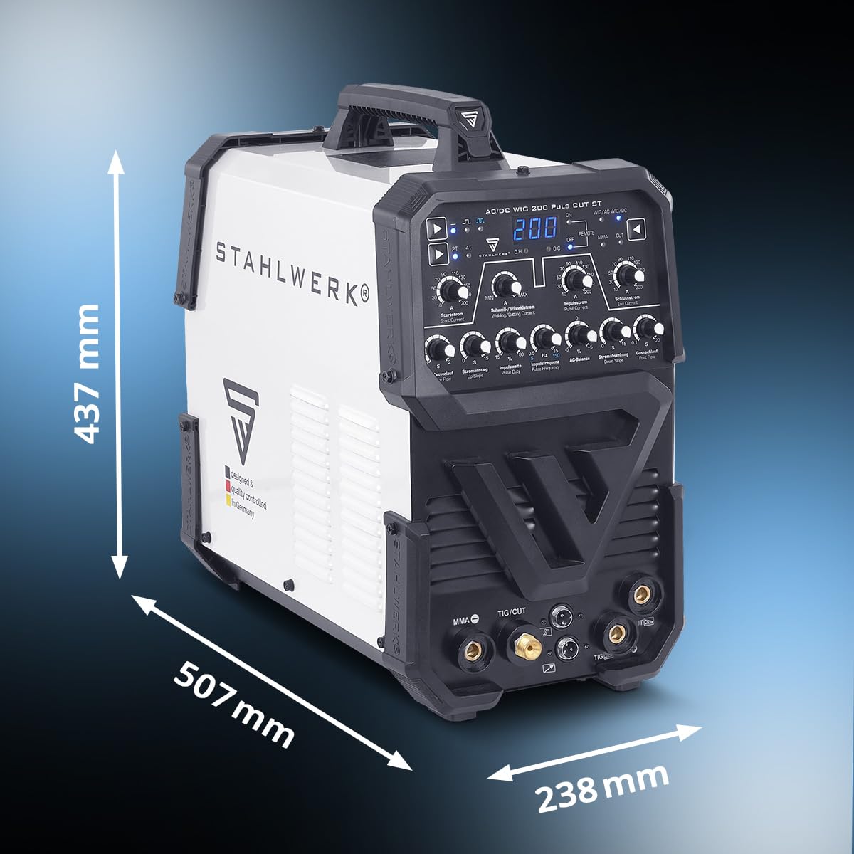 STAHLWERK Poste à souder combiné 3-en-1 AC/DC TIG 200 Puls CUT ST – TIG & MMA (ARC) jusqu'à 200 A, Découpe plasma jusqu’à 45 A et épaisseur de coupe jusqu’à 12 mm, acier inoxydable, cuivre, alu titane