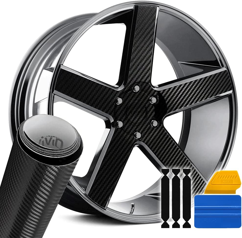 VViViD Auto Rim Dry Carbon Fiber Vinyl Wrap, Self-Adhesive, Air-Release (24 in x 30 in) 4 Sheet Pack with Basic Wrap Kit, N1