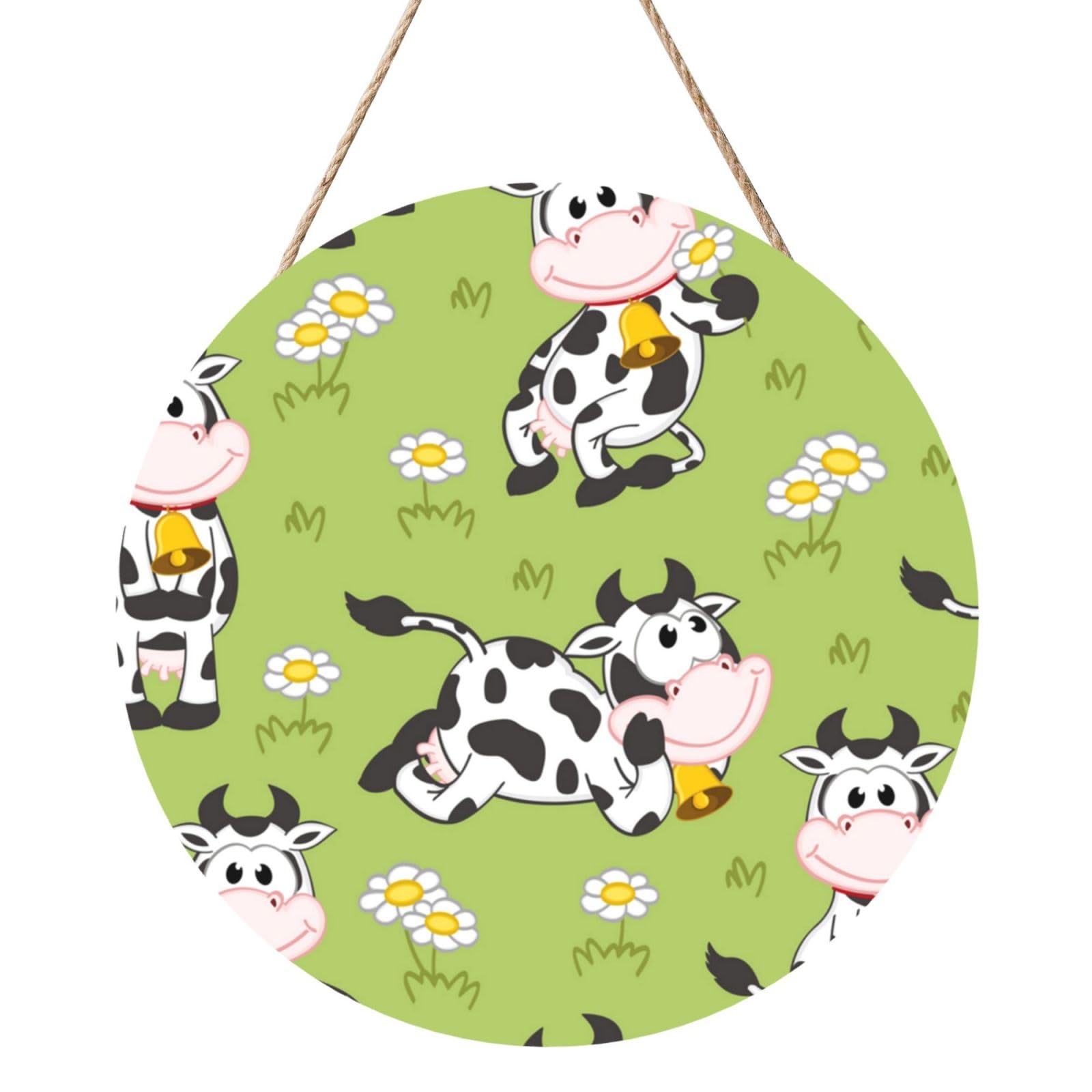 InOmak Cute Animal Cow Green, Round Wood Panel Painting 12 in, Wall Hanging Painting For Home