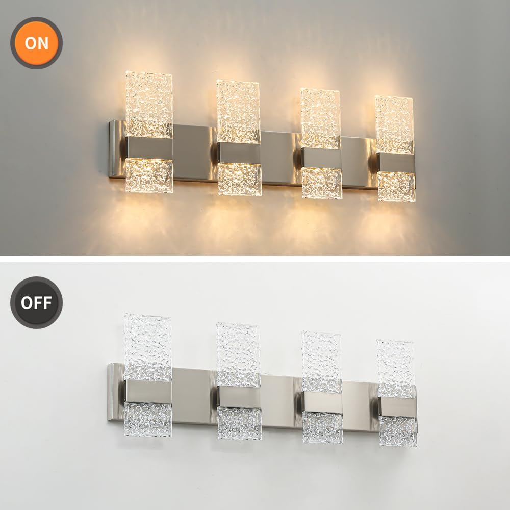 Modern Brushed Nickel 8-Lights Bathroom Vanity Light, Eleglant Nickel LED Bathroom Light Fixtures over Mirror, Dimmable Acrylic Shade Wall Lighting Fixtures, Hardwired Wall Light(H9.25in, L28.35in)