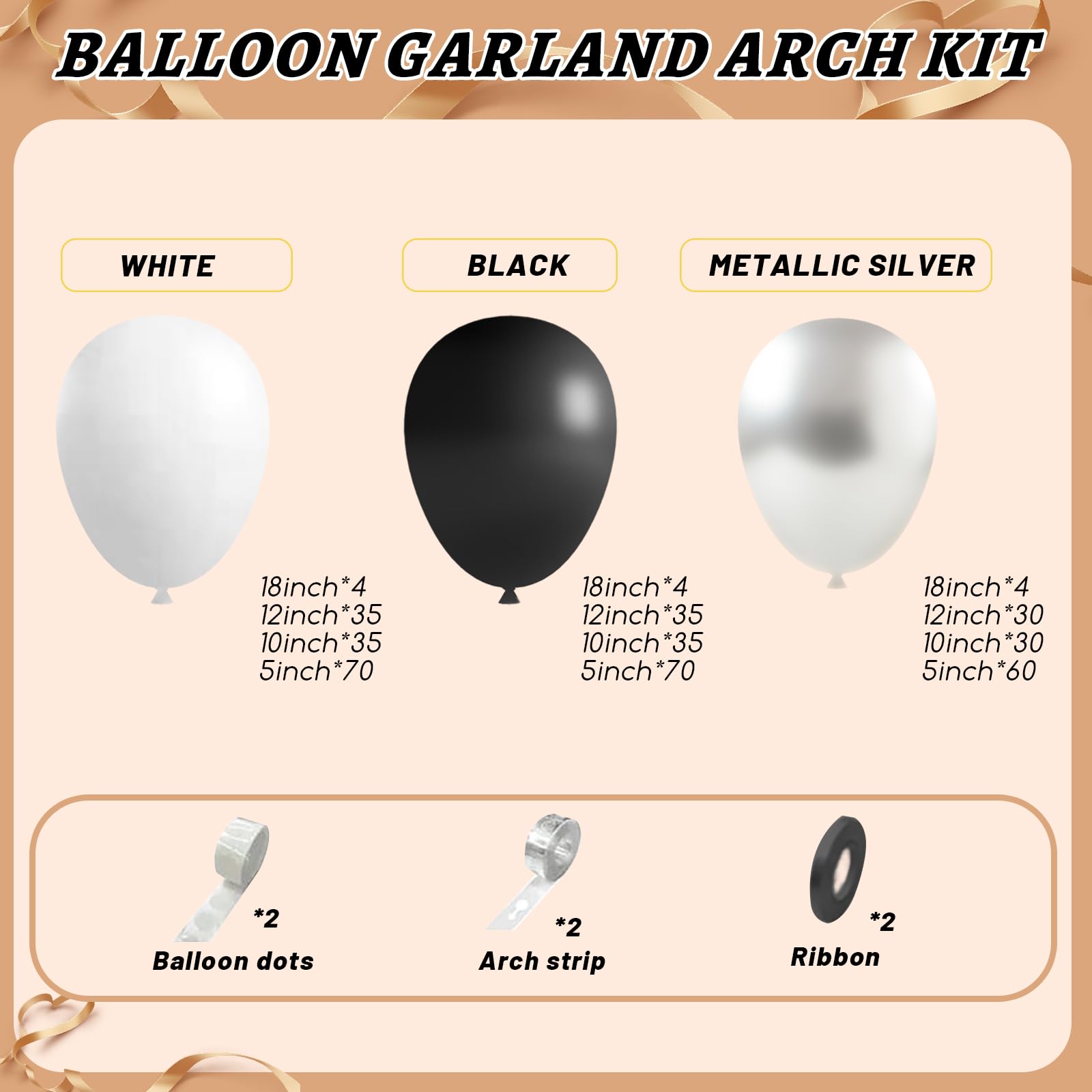 Kit de 412 arcos de globos en blanco y negro, 18, 12, 10, 5 pulgadas, diferentes tamaños, globos blancos y plateados para graduación, cumpleaños, bodas, decoraciones de fiesta