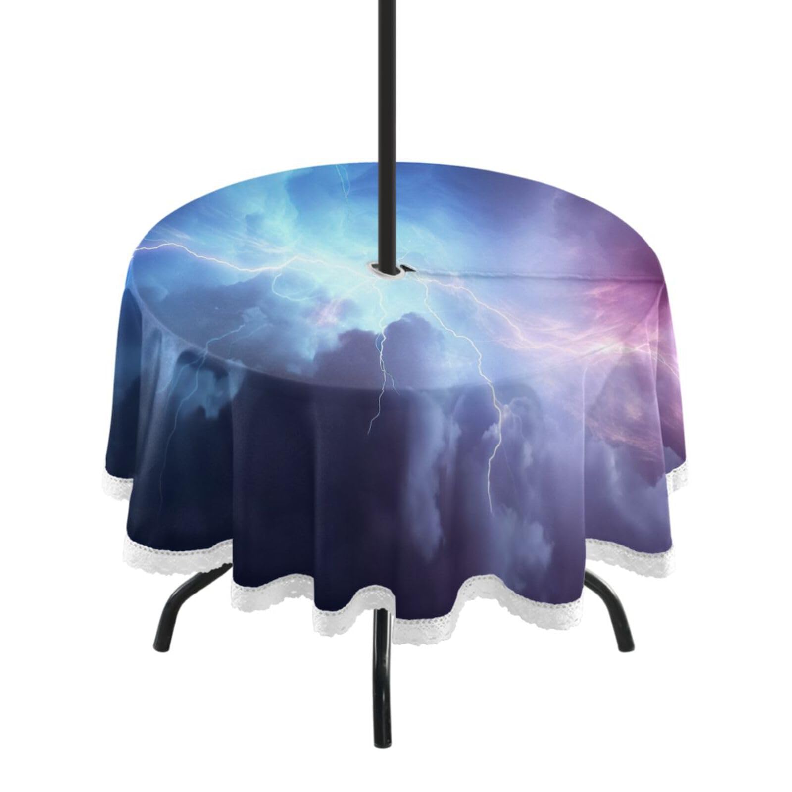 Wajiw 60 Inch Indoor Outdoor Round Tablecloth with Umbrella Hole and Zipper Waterproof Patio Table Cover for Camping Dining Room Party Outdoor Picnic,Lightning