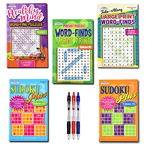 5-Pack 450+ Travel-Size Sudoku Book,Sudoku Puzzles for Adults, Large Print WordSearch Puzzle Books for Adults, Aging Seniors Brain Stimulation Variety...