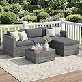 Wisteria Lane 5-Pieces Outdoor Patio Furniture Set, All Weather Wicker Rattan Sectional Sofa, Patio Conversation Set with Cushions & Glass Coffee Table for Backyard Porch Garden Balcony, Grey