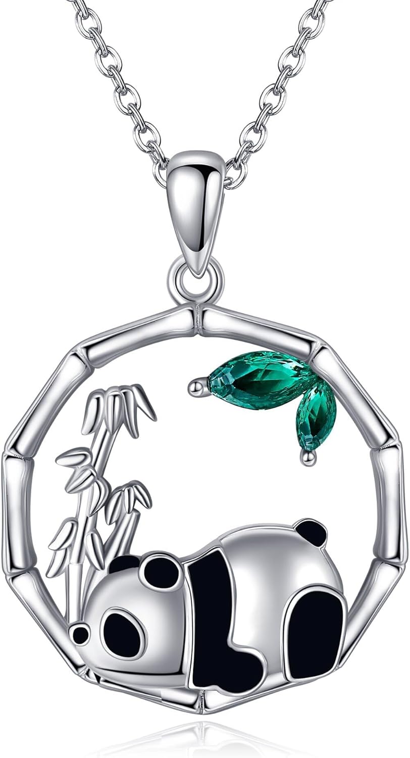 URONE 925 Sterling Silver Necklace Panda Bamboo Pendant Necklace Cute Panda Jewelry Gifts for Pandas Lovers