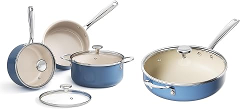 Redchef Cooking Pot Set Induction 5Qt, Saucepan Set 2.5/3.5Qt, 5QT Ceramic Saute Pan with Lid, Compatible All Cooktops, PTFE PFAS Free (Blue)