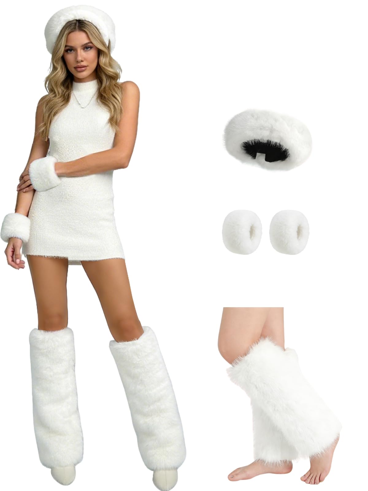 3-Piece Womens Winter Faux Fur Accessories Set White Fluffy Leg Warmers Wrist Cuffs Fuzzy Headband White2