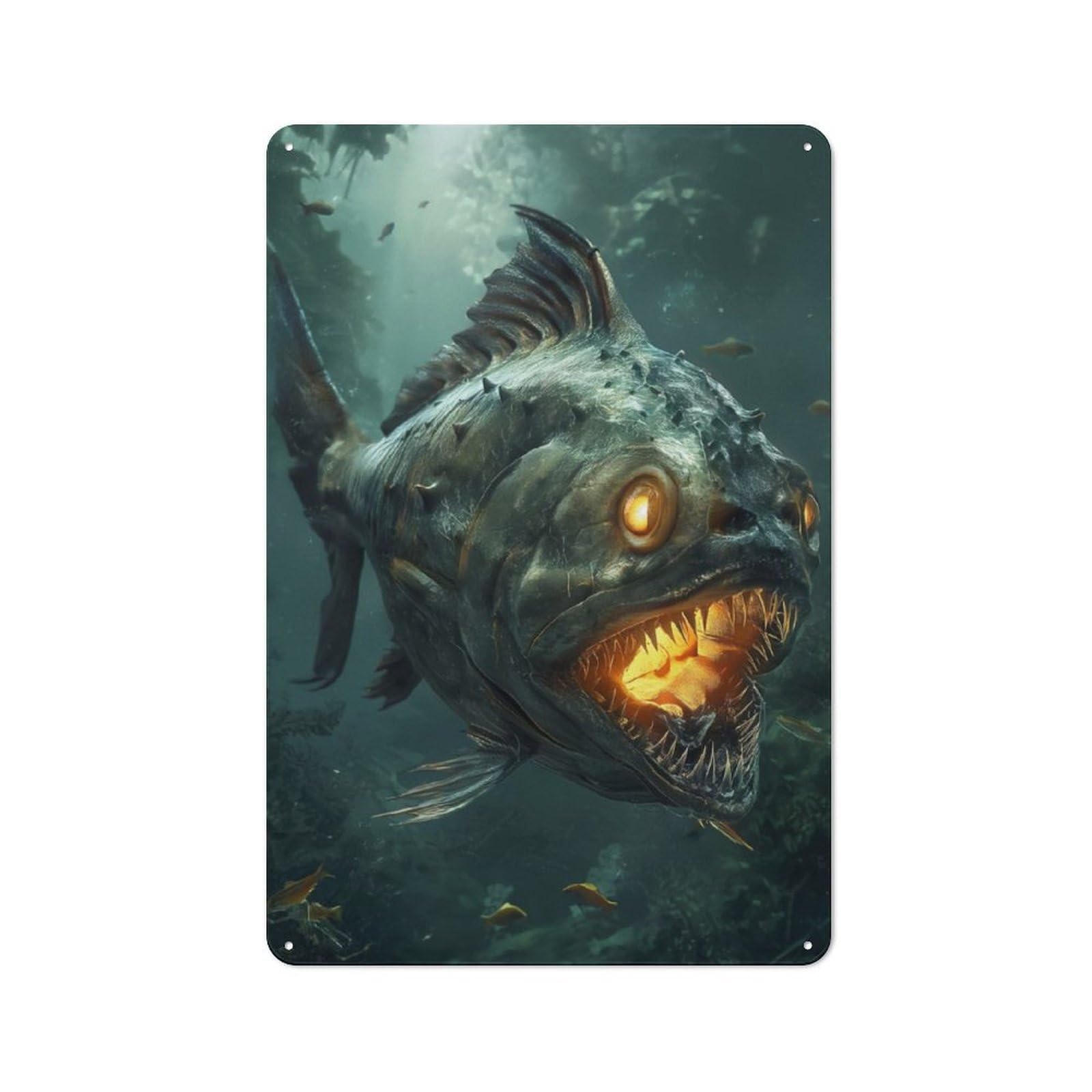 Shed Style Decorative Metal Plaque 30x20cm Featuring Fantasy Piranha Glowing, Porch Wall Decor for Patio Bar, Workshop, Shed Or Kitchen