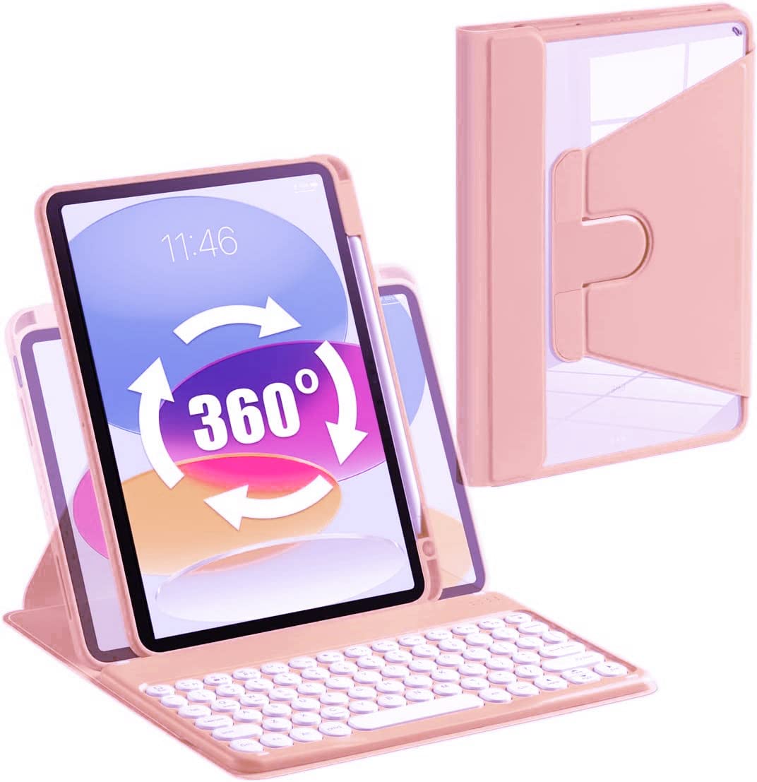 Keyboard Case for iPad 10th Generation 2022, iPad 10 Case with Keyboard, Rotating Clear Back Cover with Pencil Holder and Detachable Round Keys Keyboard for 2022 Release A2696 A2757 A2777 (Pink)