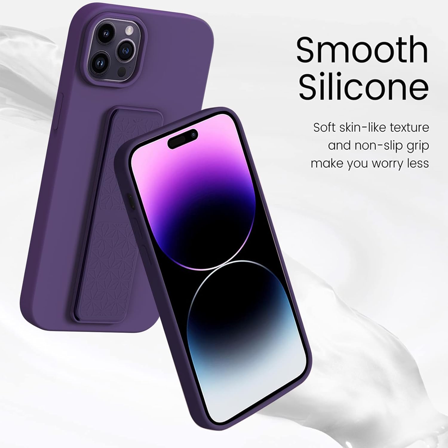 LAUDTEC Silicone Kickstand Case Compatible with iPhone 14 Pro, Vertical and Horizontal Stand Hand Strap Metal Kickstand Cover, Flexible Soft Liquid Silicone Stand Case for iPhone 14 Pro (Deep Purple) - Image 3
