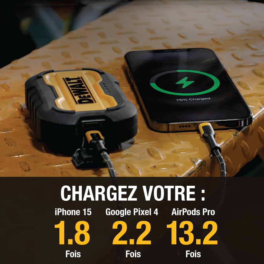 DEWALT Chargeur Portable DEWALT, Power Bank, Batterie 10 000 mAh avec Port USB-C pour iPhone 16/16 Plus/16 Pro/16 Pro Max, iPhone 15 Series 14/13, Samsung Galaxy