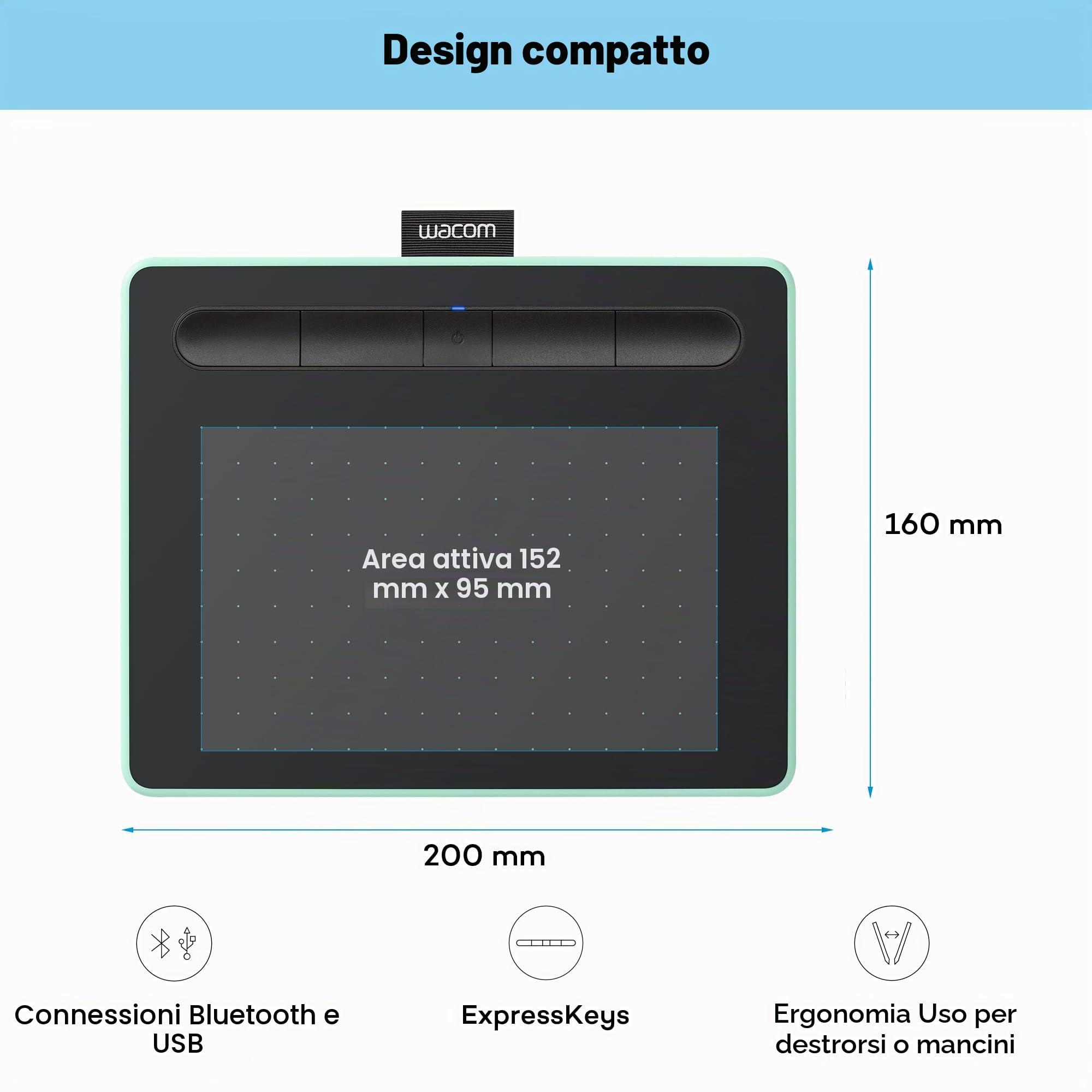 Wacom Ctl-4100Wle-S Intuos Bluetooth, Tavoletta Grafica Con Penna, Software Creativo e Bluetooth Inclusi, Verde Pistacchio, S