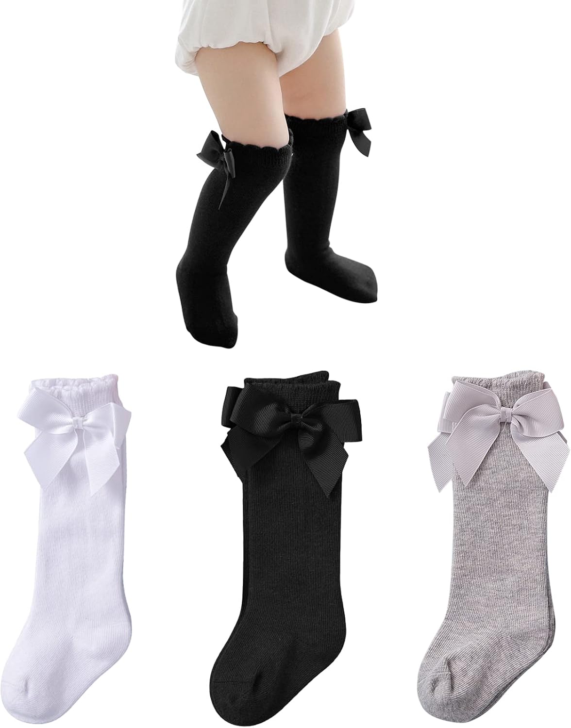 Century Star Baby Girls Bow Knee High Socks Toddlers Ruffled Tube Socks Infant Stockings