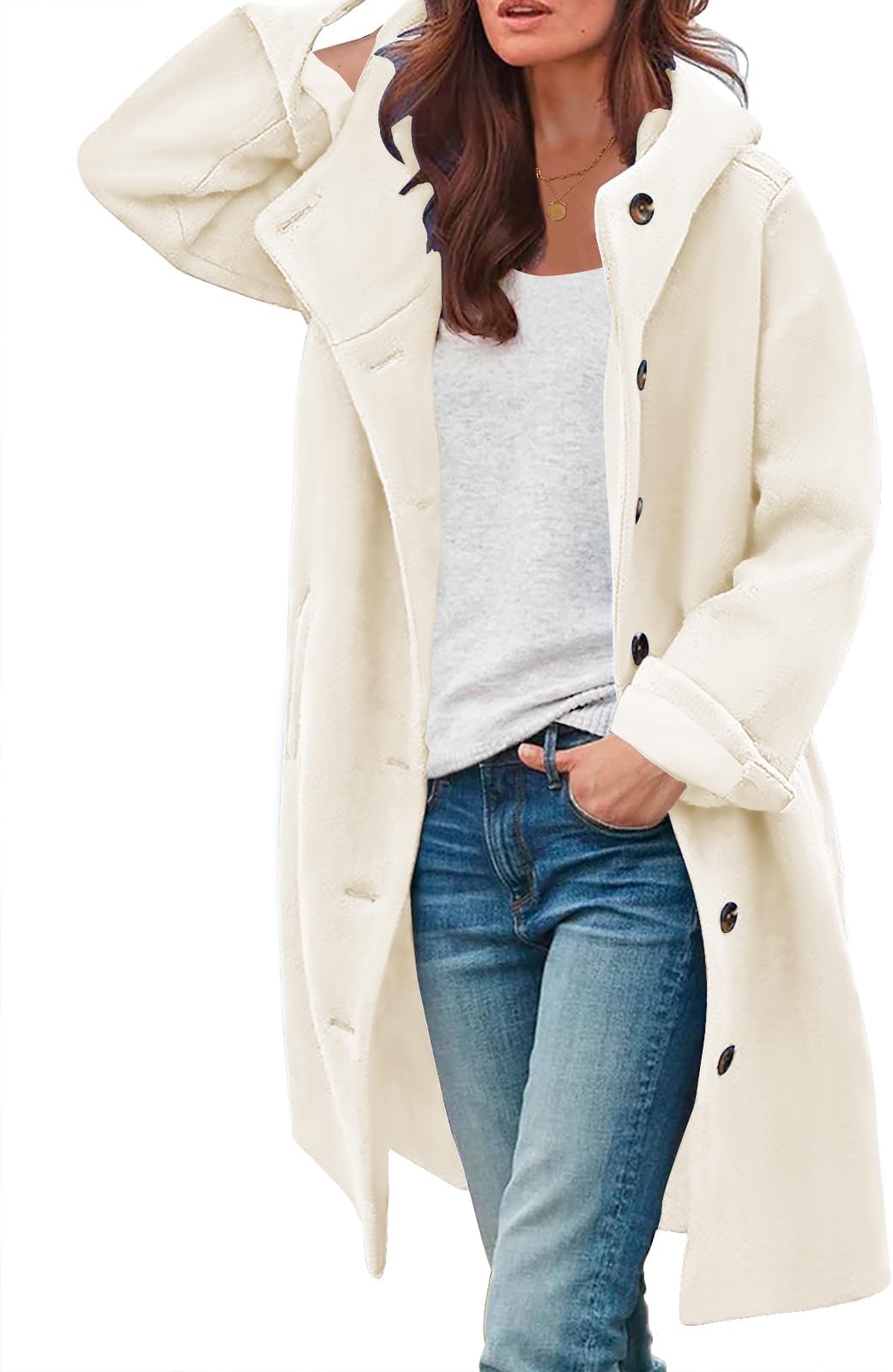 SAUKOLEWomens Wool Blend Pea Coat Fashion Winter Dressy Overcoat Single Breasted Trench Jackets with Hood