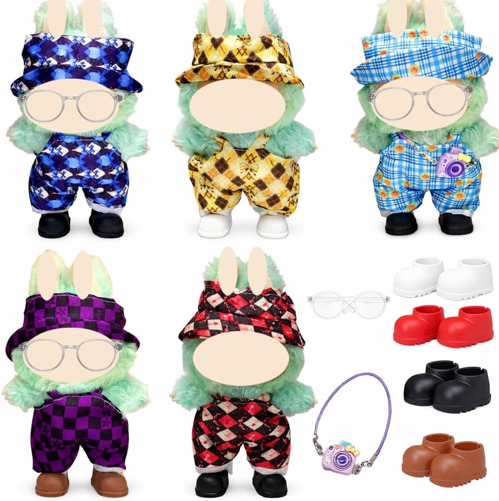 5-Set Rainbow Clothes Bundle for Doll, Includes 5 Mini Hangs, Large Clear Display Bag with Strap Keychain, 5 Hangers and Rack, Camera, Glasses, Shoes Accessories for Colorful Dressing up(No Doll)