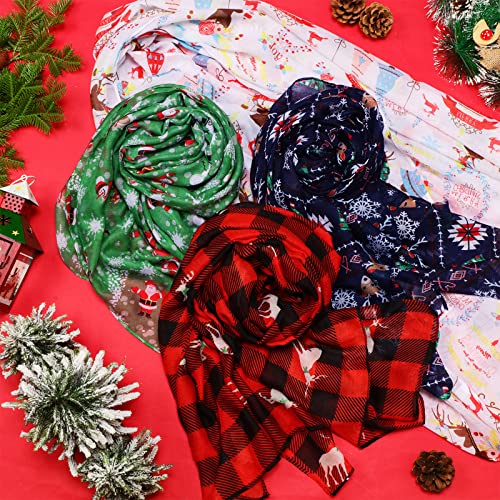 Eurzom 4 Pieces Christmas Loop Scarf Soft for Women Girls Lightweight Plaid Sheer Print Santa Snowflake Scarf Gift for Christmas Decor Winter3