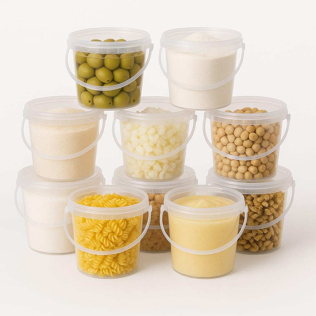 Cubo de plástico transparente con tapa, 2,3 litros, 100 unidades, apto para alimentos, estable, hermético, con asa, vacío