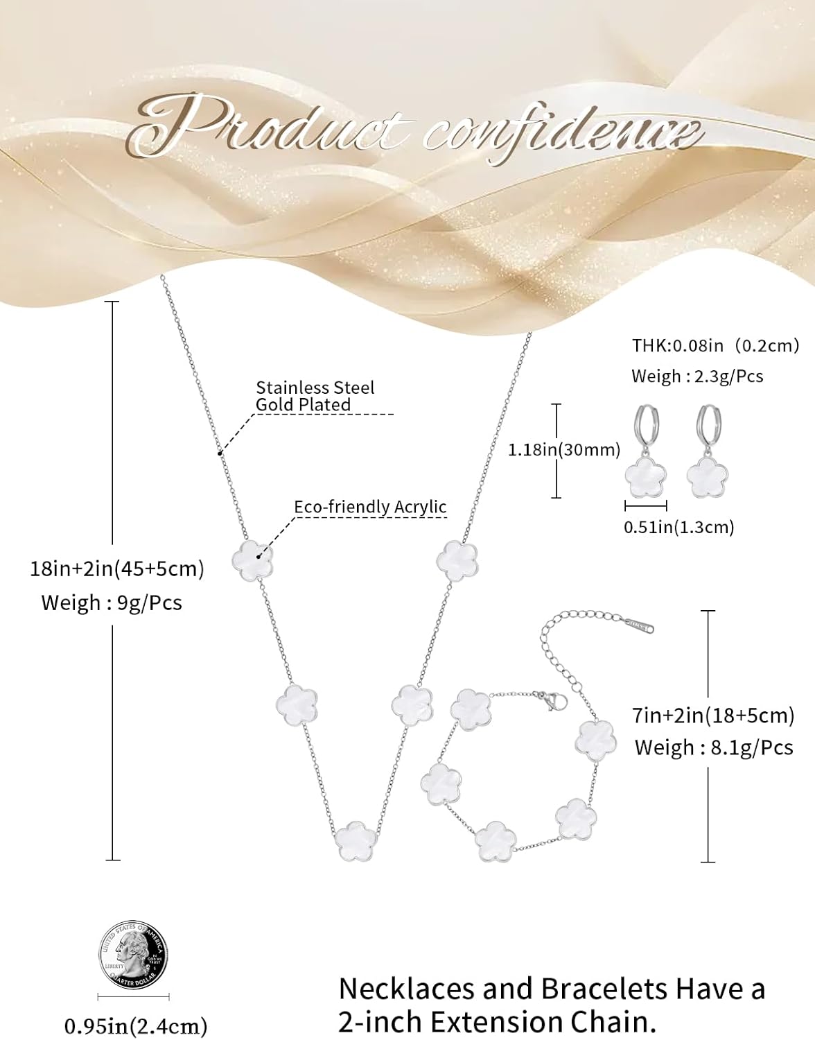 Gold Plated Stainless Steel Four Leaf Clover Bracelet Necklace and Earrings Jewelry Set for Women - Image 3