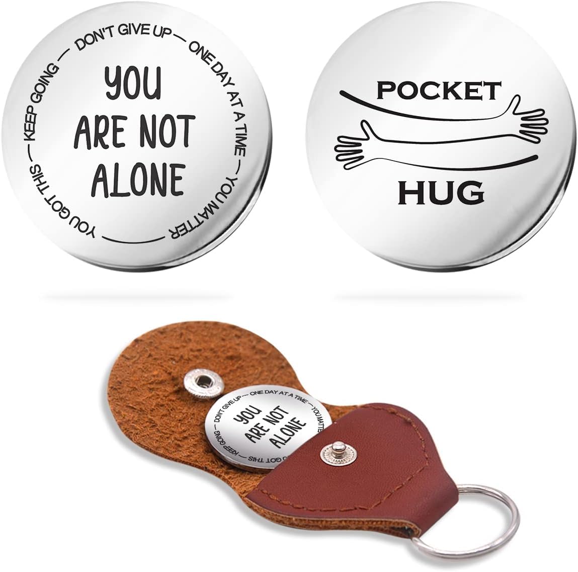 Azonee Inspirational Pocket Hug Token Gift, Long Distance Relationship Keepsake Stainless Steel Double Sided Pocket Hug Token Gift with PU Leather Keychain for Friend Boyfriend Girlfriend Daughter Son