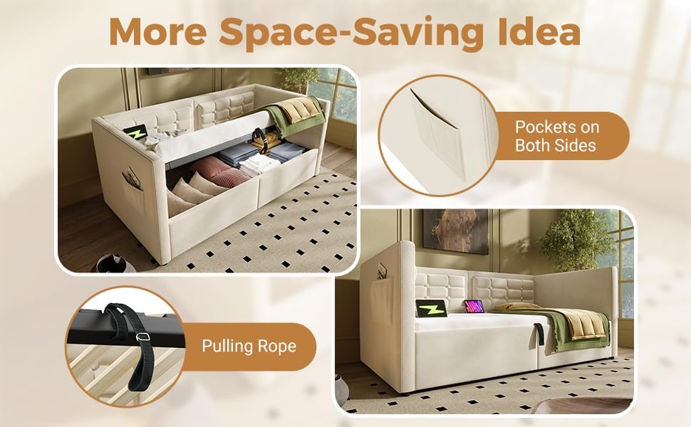Daybed showing side storage pockets and pulling rope for hydraulic lift