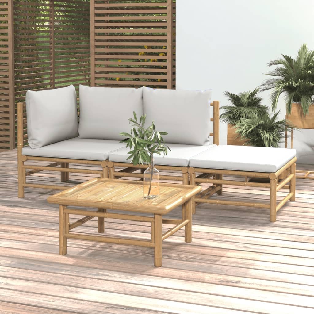 vidaXL Set de Muebles de jardín 4 Piezas bambú y Cojines Gris Claro, Juego de Muebles de jardín, Juego de salón de Patio, Juego de Muebles de Patio