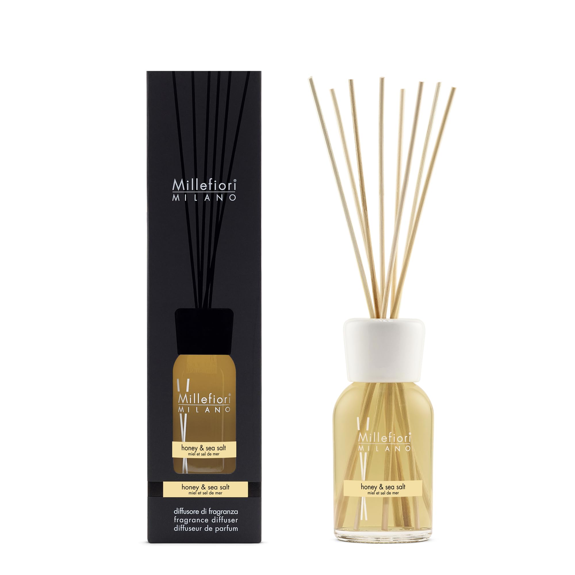 Millefiori Milano Diffuseur de Parfum Honey et sel de mer avec 8 bâtonnets en Bois de Balsa 250 ML, 7DDHS