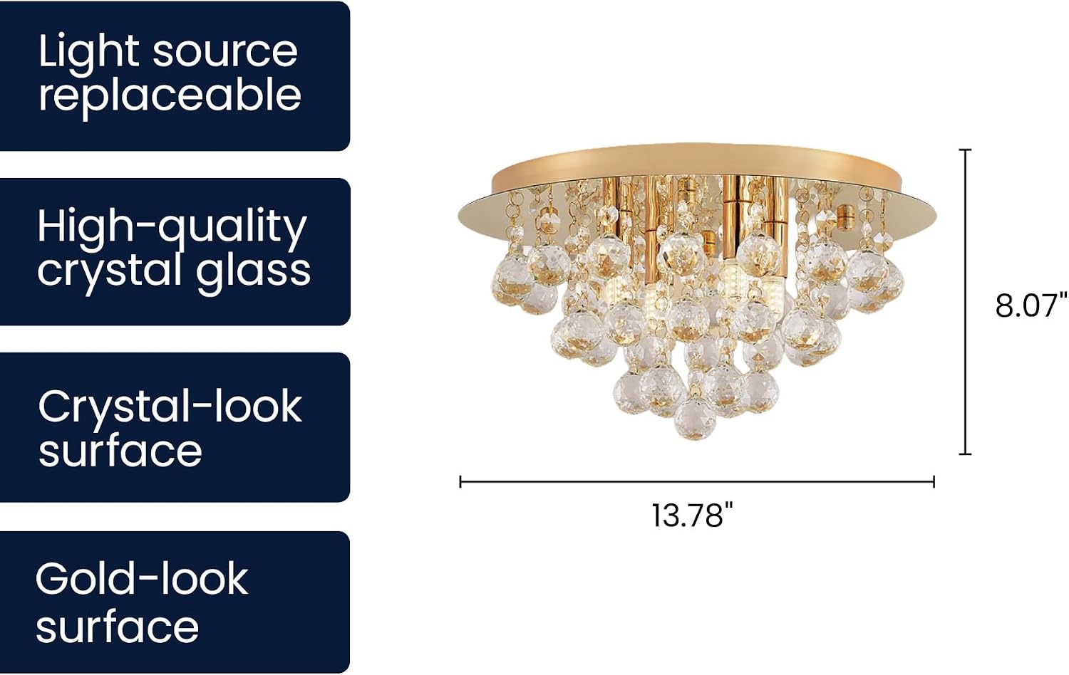 13.8" Mini Crystal Flush Mount Chandelier Gold Finish, Luxury Bedroom and Closet Ceiling Light, Small Chandelier for Bedroom Closet, Mini Chandelier, Hardwired, 4-Light G9 Bulbs Not Included