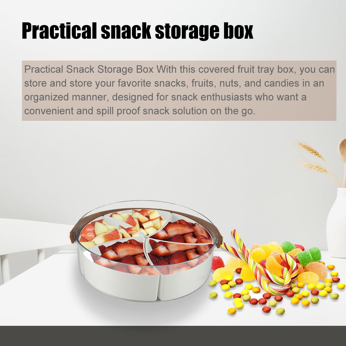 Vassoio Portatutto Divisorio Con Coperchio E Manico - 5 Scomparti Per Snack, Frutta, Noci E Caramelle, 26 Cm, Bianco