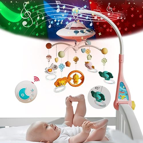 Lcasio Cuna musical para bebés con luces nocturnas y música relajante, sonajeros giratorios colgantes, proyección de estrellas, control remoto, para