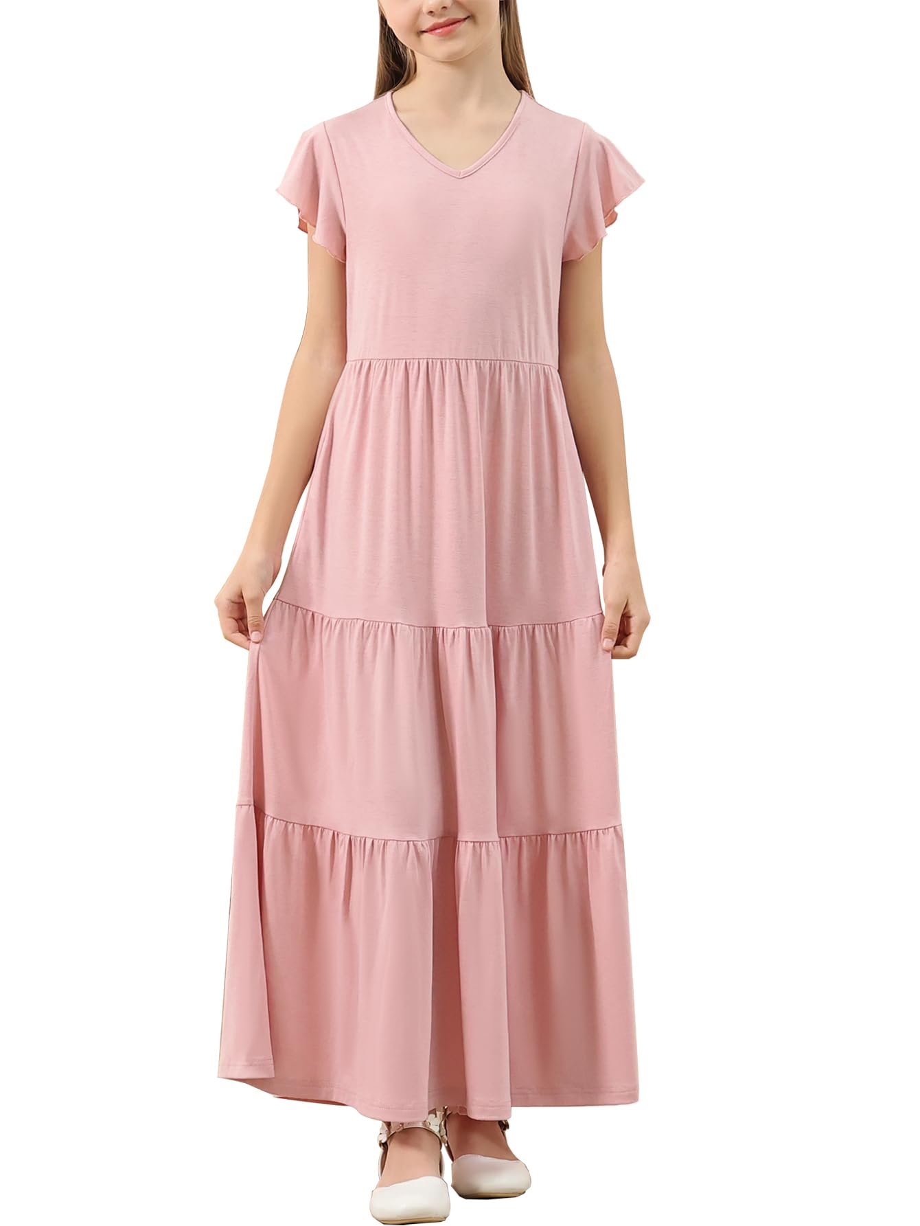 GORLYA Girls Flutter Sleeve V Neck Modest Casual Holiday Ruffle Tiered Hem Long Maxi Dress 6-16Y