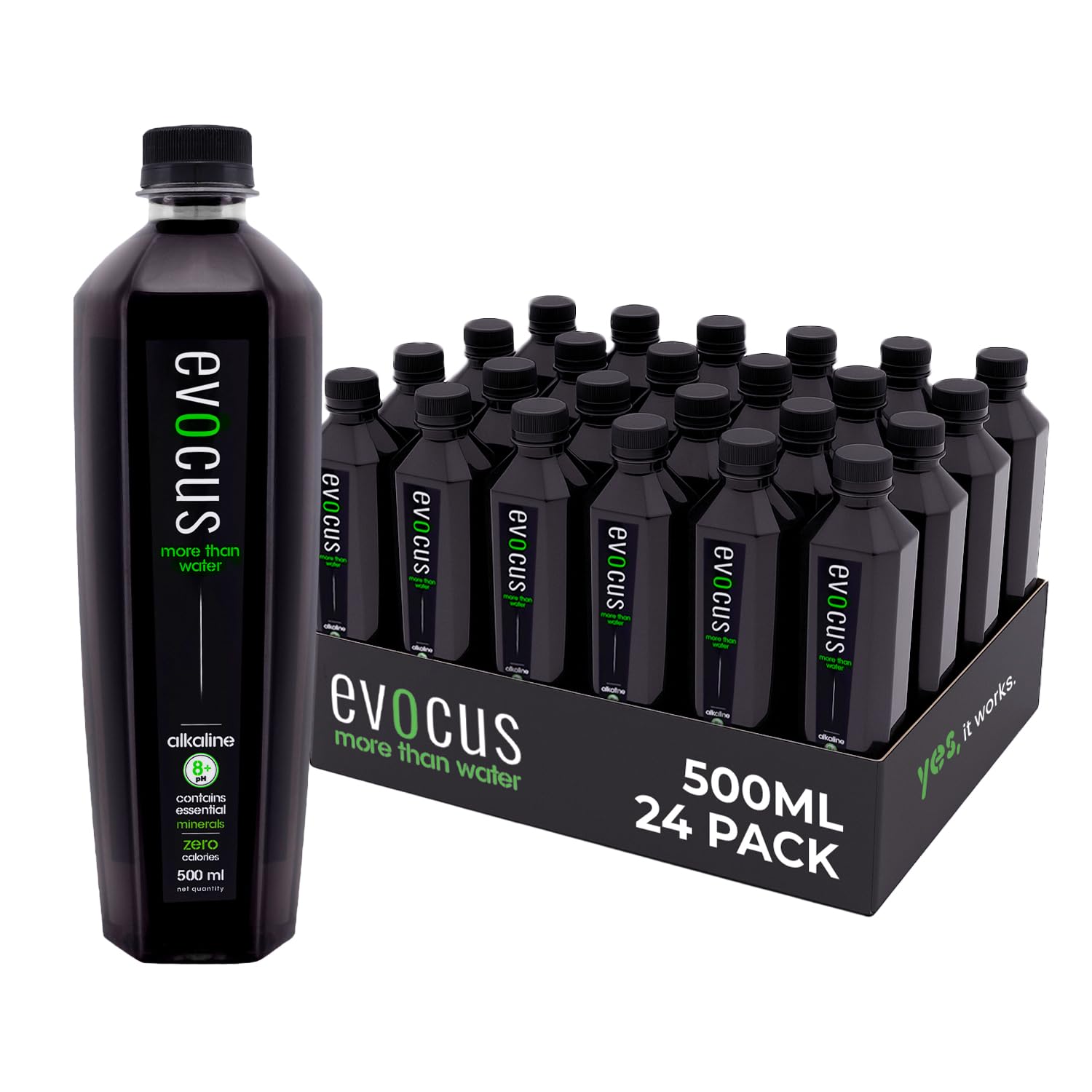 Evocus Black Alkaline Drink 500ml - 8+ pH, 4X Superior Hydration, Essential Minerals, Zero Calories, Caffiene, Sugar| Clinically Proven Benefits | Yes, it works. | Pack of 24 | 500 ml