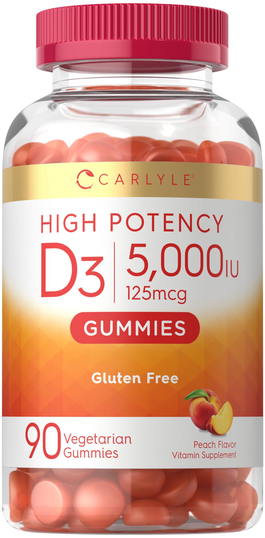 Carlyle Vitamin D3 Gummies | 5000 iu | 90 Count | Peach Flavored Gummy | High Potency for Adults | Vegetarian, Non-GMO, Gluten Free Supplement
