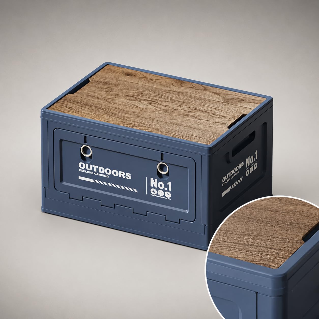Tragbare Camping Aufbewahrungsbox mit Deckel, Koffraum Organiz für Camping Zubehör, für Gepäck, Meersalzblau, Breite 40cm, PP-Deckel + Holzplatte, 30L
