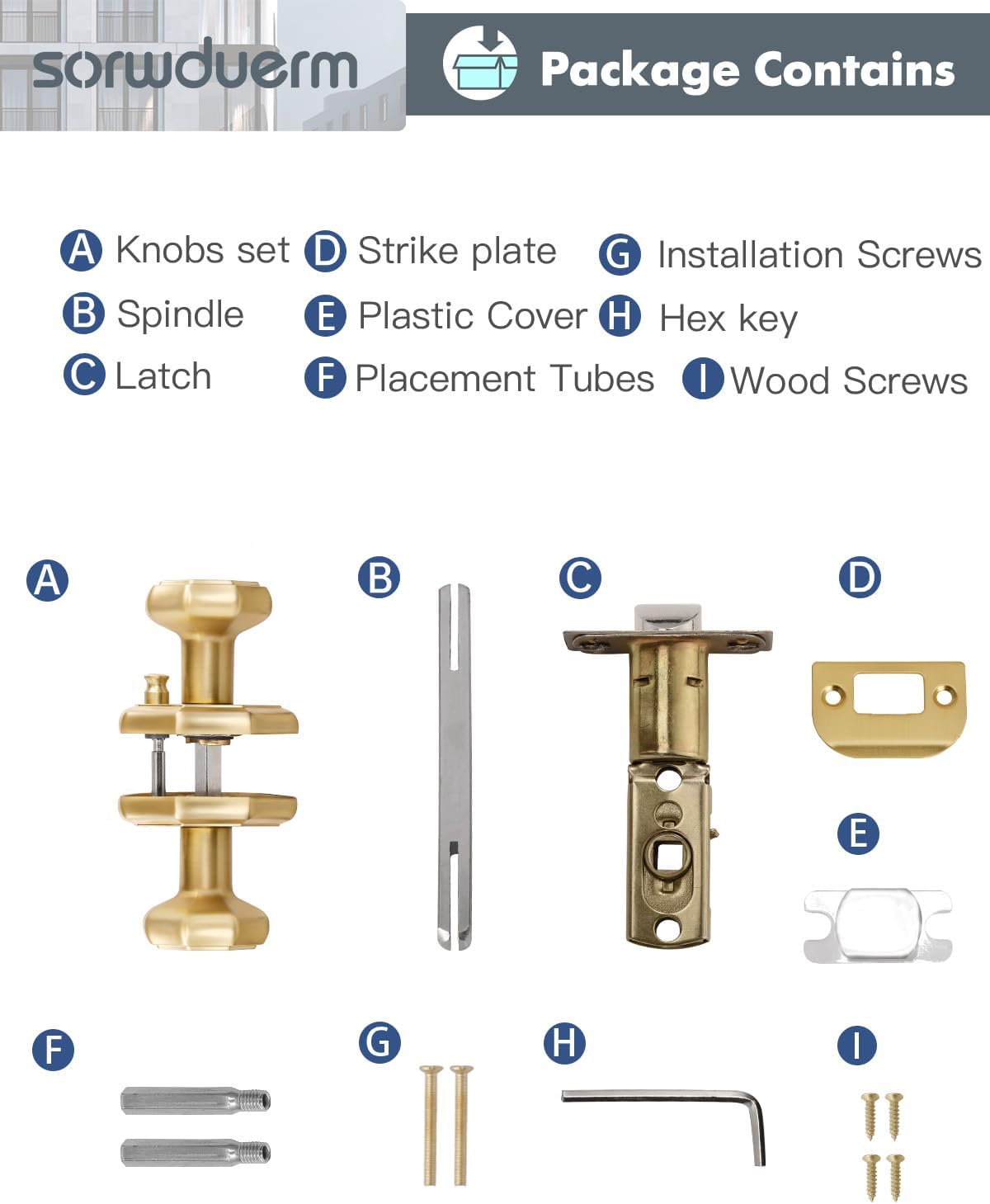 2 Pack Brushed Gold Privacy Door Knobs Satin Brass Octagonal Interior Closet Hallway Interior Vintage Door Knob