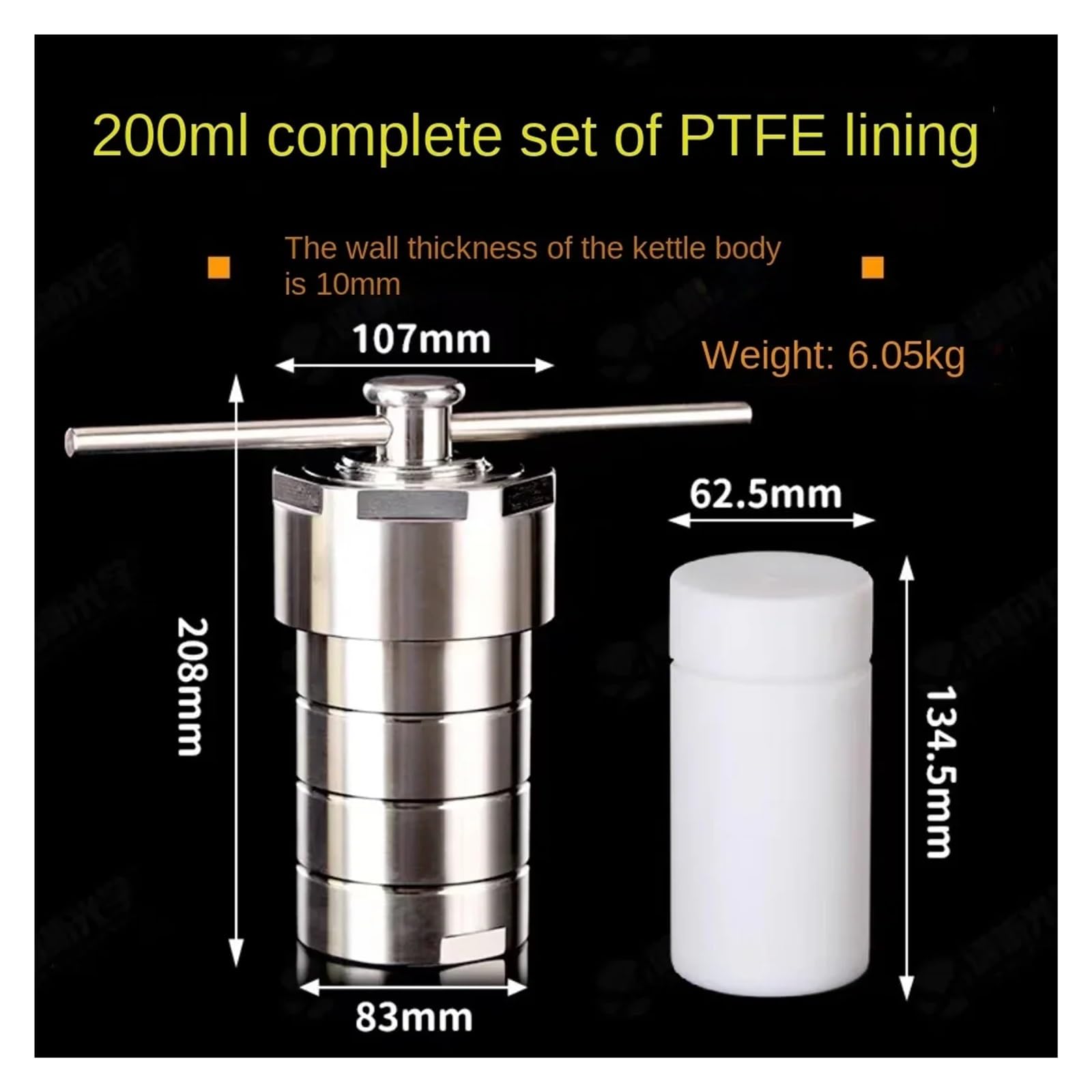 20 ml 25 Wyłożony PPL reaktor do syntezy hydrotermalnej w autoklawie Wysokociśnieniowy zbiornik fermentacyjny 3Mpa dla laboratorium(200ML PTFE set)