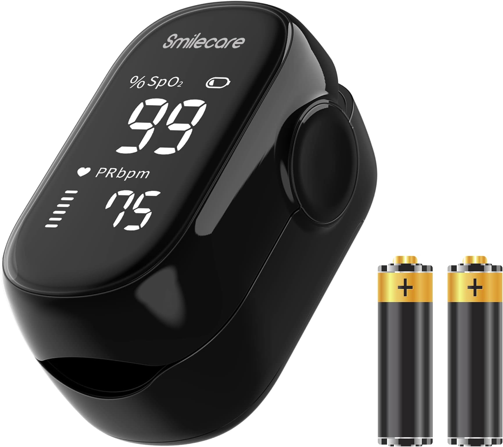 Pulse Oximeter Fingertip, SmileCare Blood Oxygen Saturation Monitor with Batteries and Lanyard, Accurate Fast Spo2 Reading, Full Screen Display