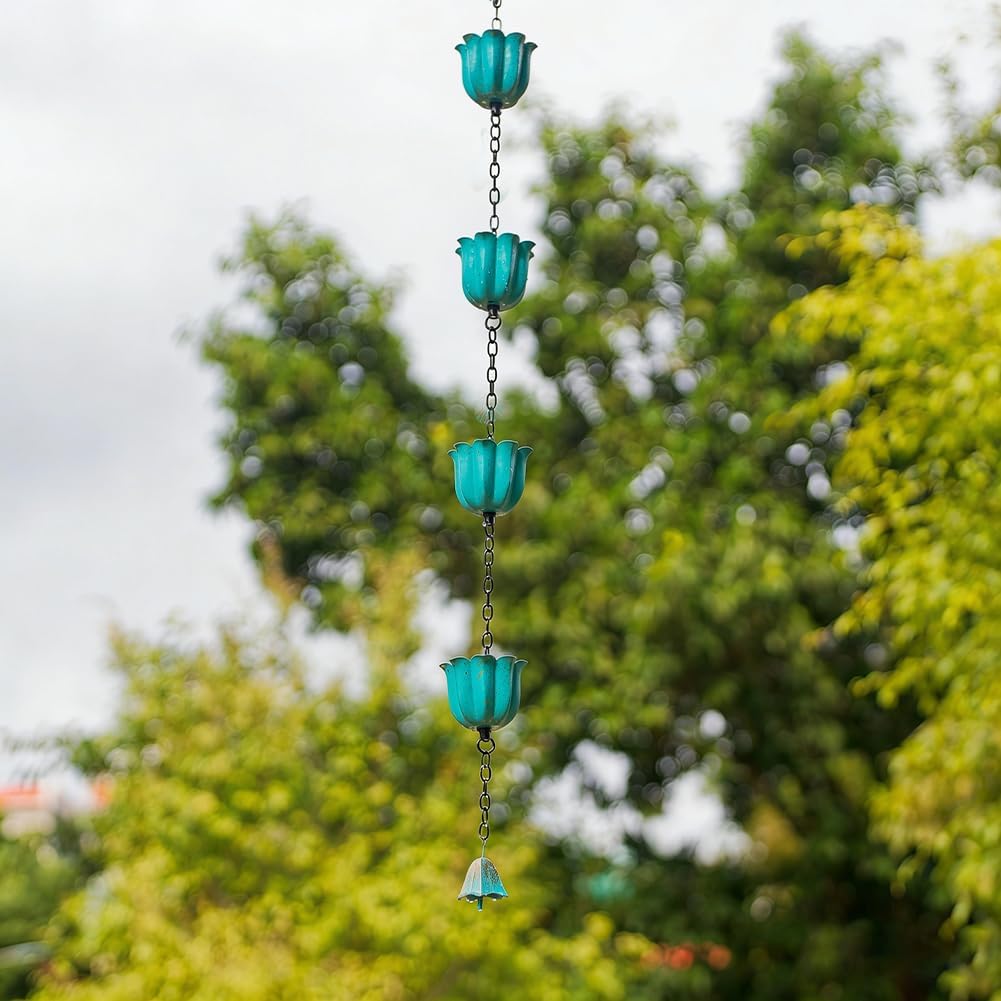 8.2ft Rain Chains for Outside, 10-Cup Lotus Rain Chain Replacement Downspout for Gutters, Eaves, Drainage, Adjustable Length(Light Blue)