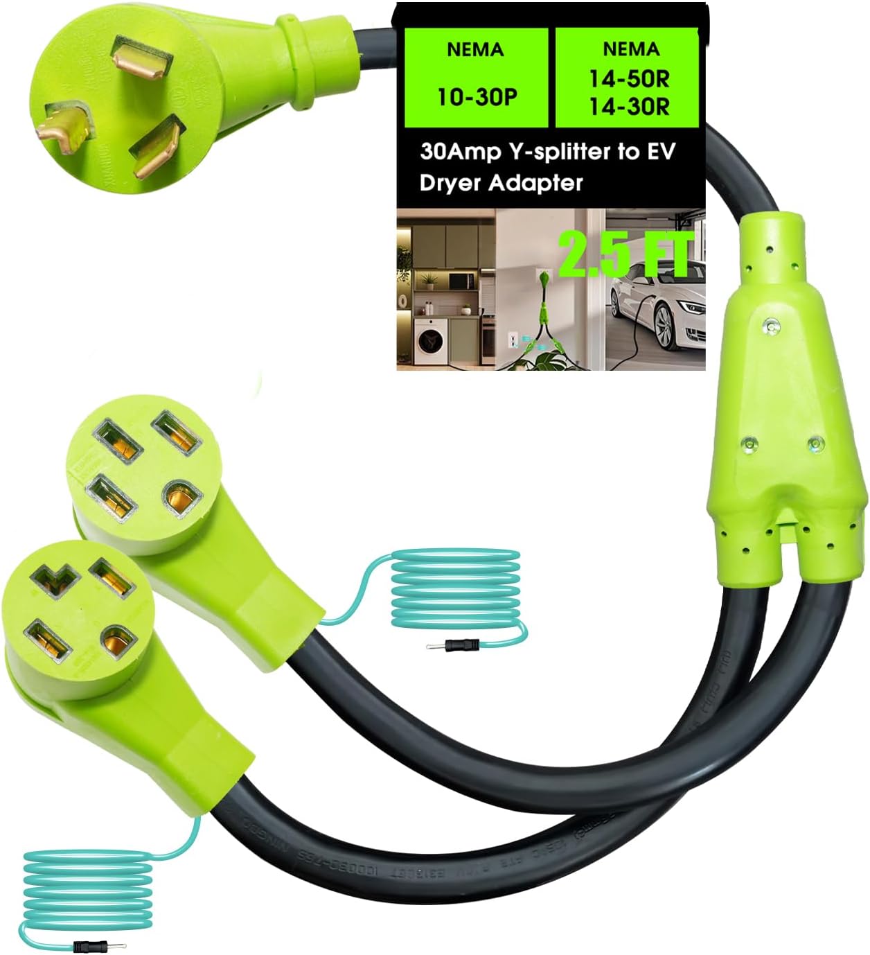 30 Amp 240V Y Splitter for Dryer and EV Charger, 3 Prong NEMA 10-30P to 14-30R/14-50R Dryer Adapter, Adapter for 14-50P EV Charging and Modern Standard Dryers,STW 3/10 AWG, 2.5FT