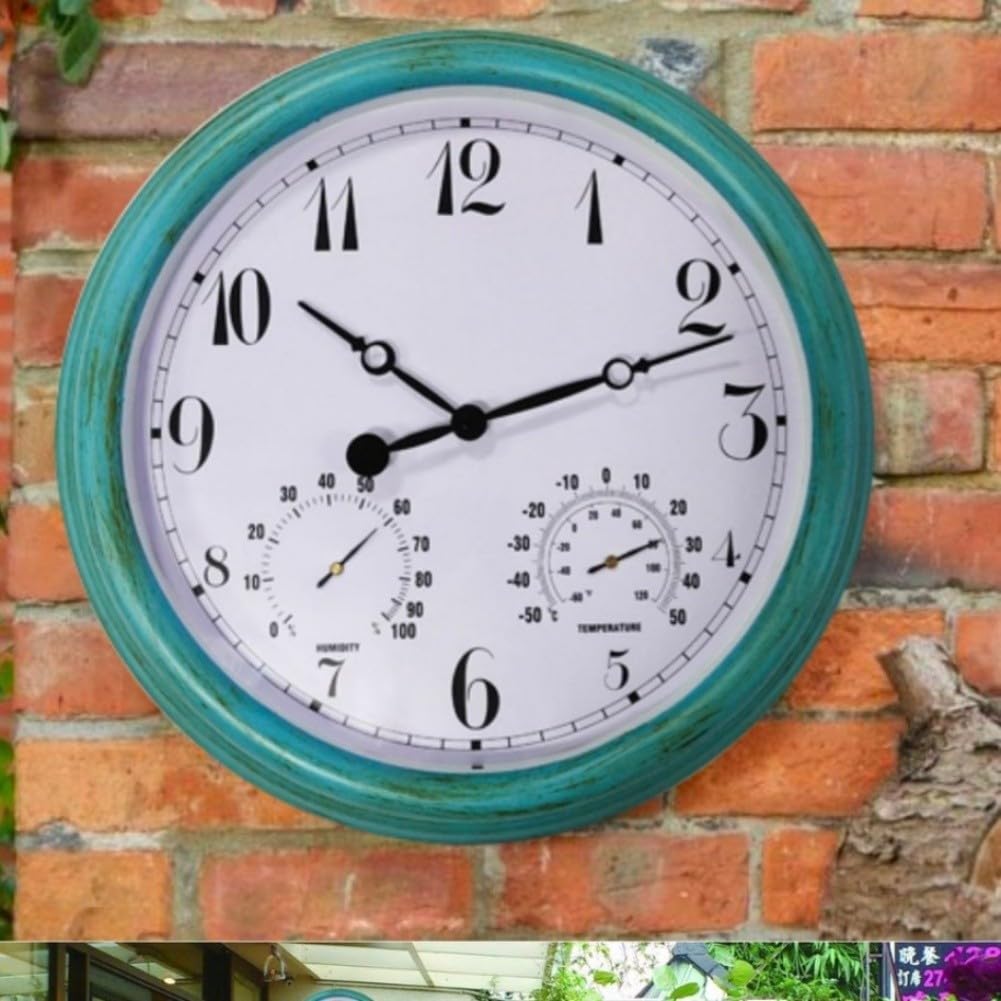Reloj de pared para exteriores de 15 pulgadas, resistente a la intemperie, termómetro higrómetro de plástico verde, esfera grande
