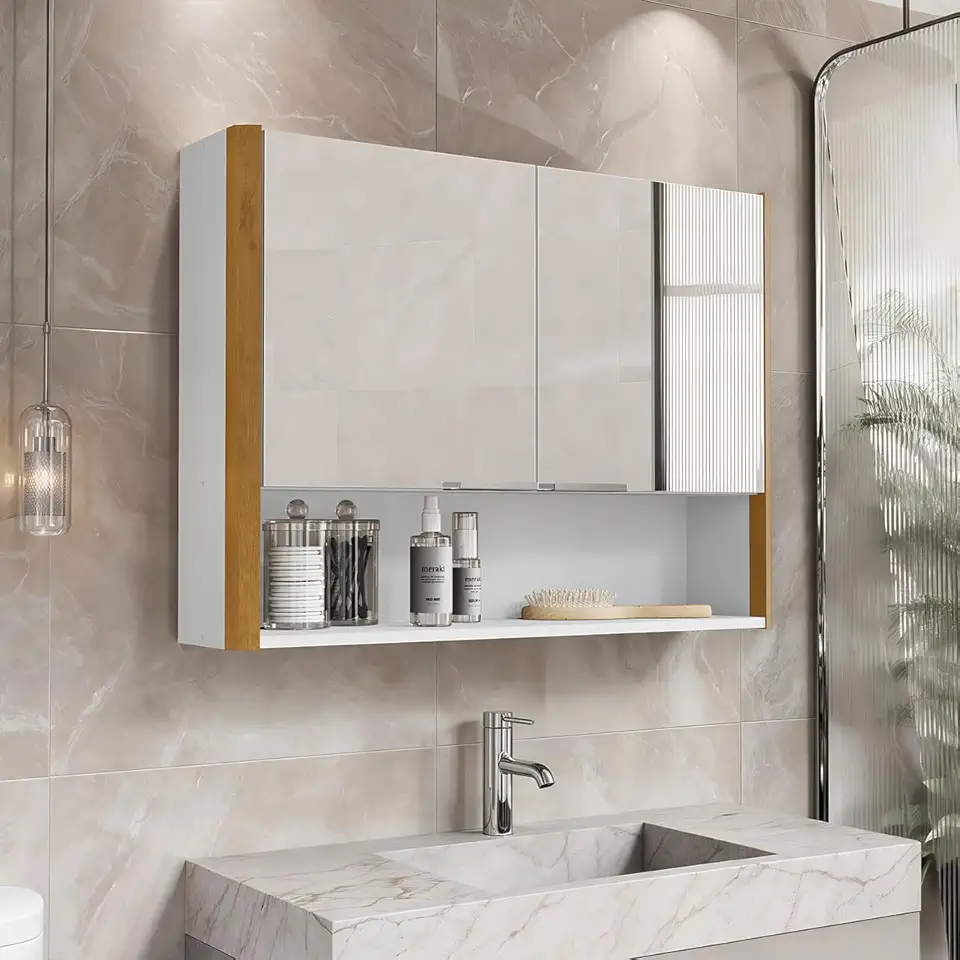 Armário de Banheiro Aéreo 2 Portas Com Espelho Espelheira Com Nicho Santorini (Branco/Nature)