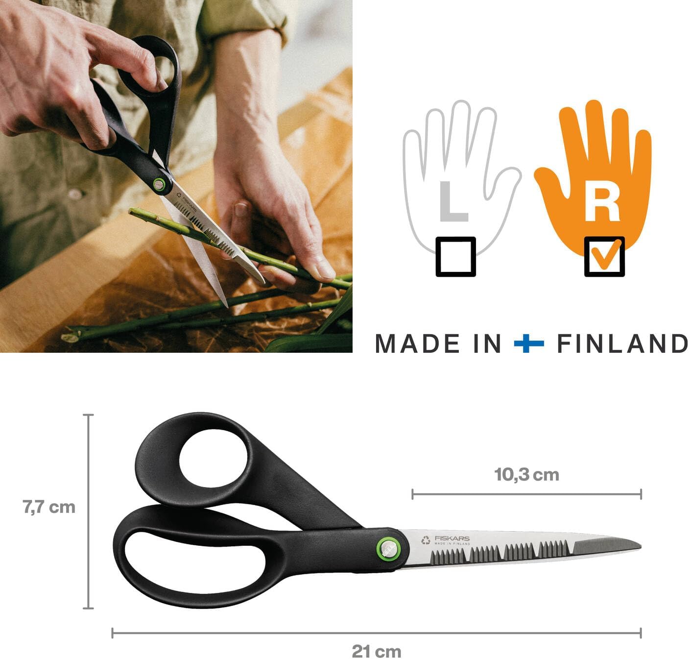 Fiskars ReNew 1074544 Garden Shears, Length: 21 cm, Recycled Stainless Steel/Recycled Plastic, Functional Shape, Black