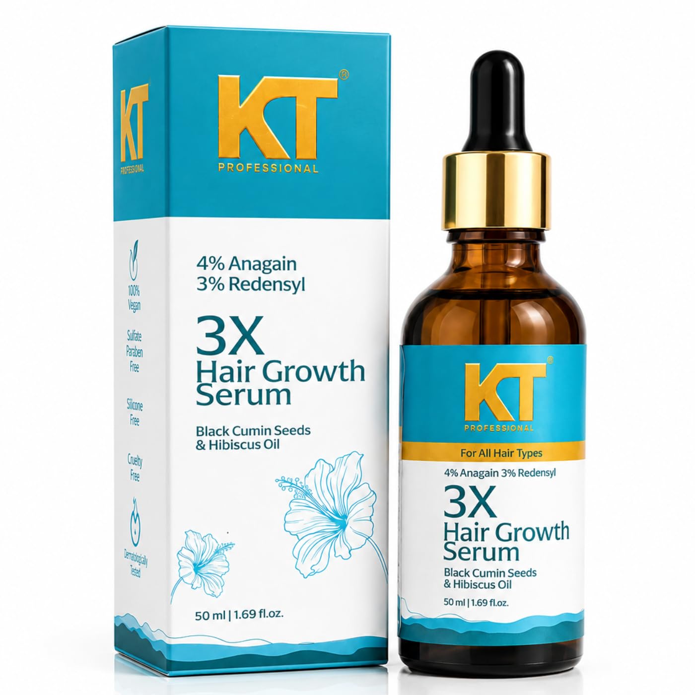 KT Professional 3X Hair Growth Serum | 4% Anagain, 3% Redensyl, Black Cumin, Bhringraj Oil & Hibiscus | Hair Fall Control & Regrowth with Visible Results | 50ML