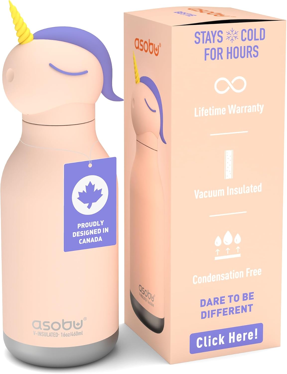asobu bestie bottle insulated stainless steel water bottle with detachable soft animal head fun drinking for kids and teens with flexible reusable straw 16 ounce (unicorn)