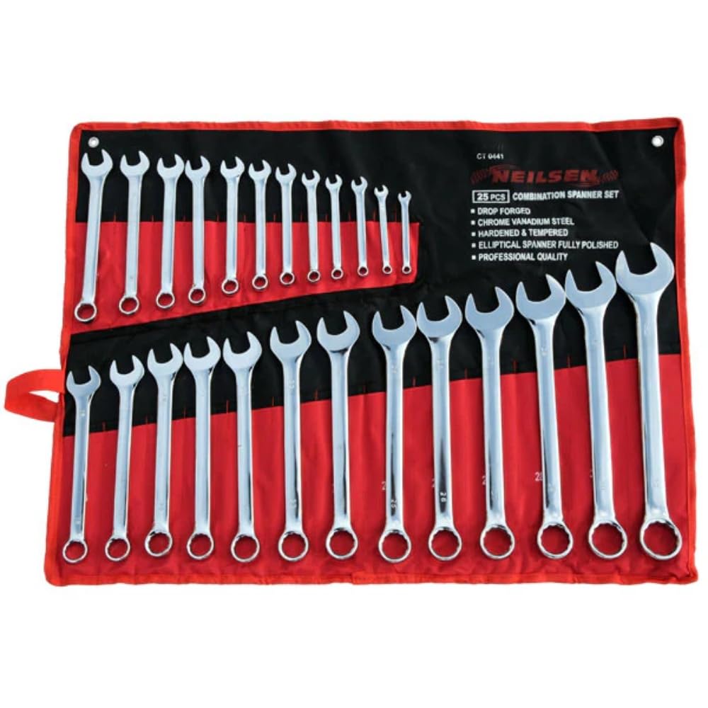 Neilsen Silver Ct0441 25Pc Combination Spanner Set Elliptical Full Polish Chrome Vanadium Steel 6Mm-32Mm Sizes