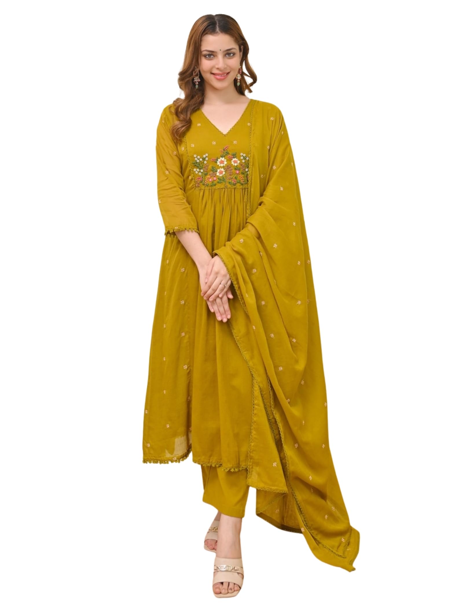 naixa Women's Chanderi Silk Flared Anarkali Kurta with Pant V Neck 3/4 Sleeves Floral Pattern Calf Length and Embroidery Work | Anarkali Suit for Woman | Womens Flare Dress | Kurta with Dupatta-picture-19