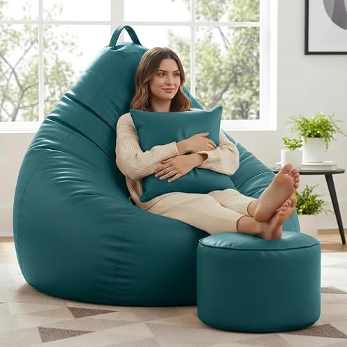 KAM'S LIEU 6XL Jumbo Premium Bean Bag Chair with Footrest & Cushion | Filled with High Density EPS Beans | Comfortable Sofa for Living Room & Bedroom | 6 Months Warranty, Color- (Teal, 6XL, Premium)