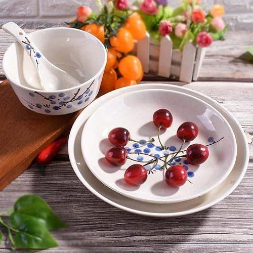 Miniatura 5 de Juego de vajilla de 4 piezas, platos, plato, cuenco, cuchara, juego de vajilla japonesa pintada a mano (ciruela azul)
