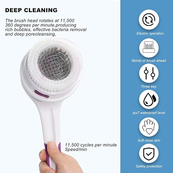 Electric Body Brush,5 Attachments Brush Heads Electric SPA Spin Scrubber for Shower Bathing Cleansing Wash Deep Cleaning with Silicone Rechargeable IPX7 Waterproof