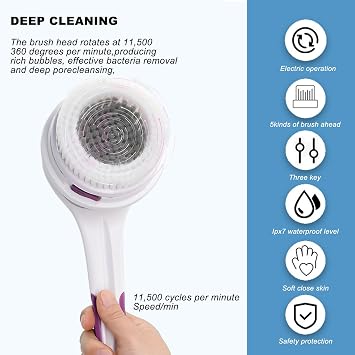 Electric Body Brush,5 Attachments Brush Heads Electric SPA Spin Scrubber for Shower Bathing Cleansing Wash Deep Cleaning with Silicone Rechargeable IPX7 Waterproof